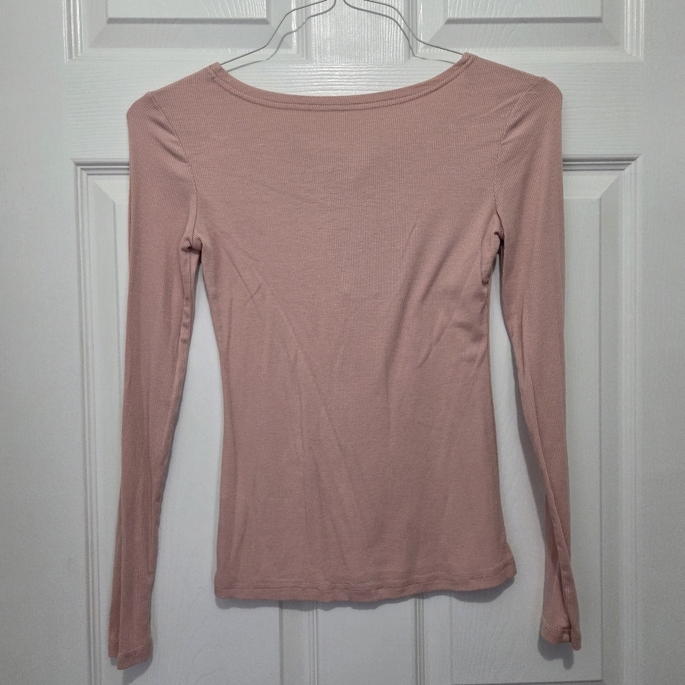 Shein Ribbed Knit Long Sleeve Dusty Pink Slim Fit V Neck Henley Top Size XS - Picture 9 of 12